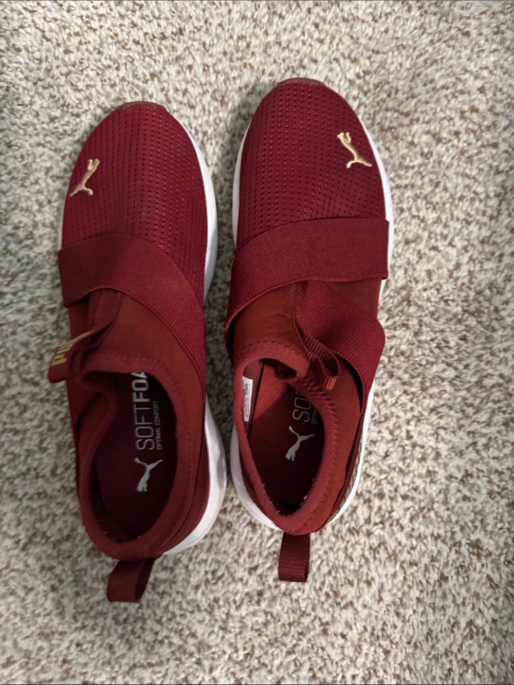 PUMA Kids Burgundy Slip-On Sneakers with Gold Logo
